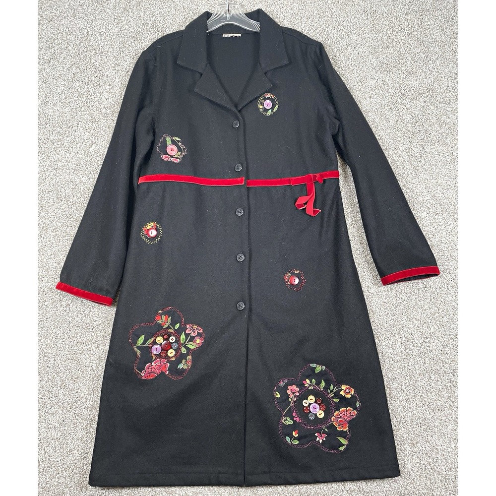 PUTUMAYO Womens Black Wool Coat Red Trim Floral Embroidered Belted Button